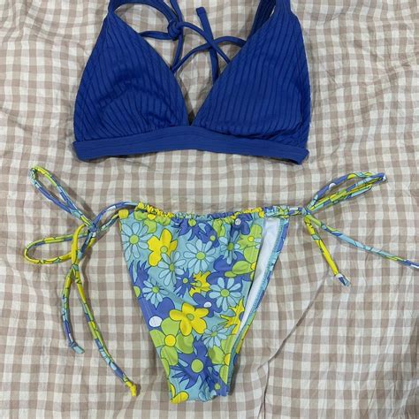 Blue And Yellow Floral Bikini With Adjustable Ties Depop