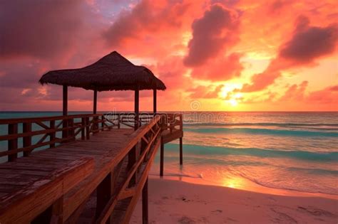 Beautiful Sunrise Over Cancun Beach Mexico Stock Illustration