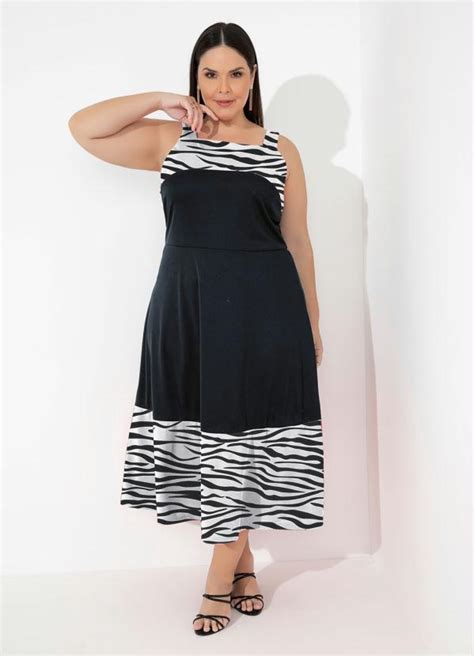 Vestido Preto E Zebra Com Alças Largas Plus Size Marguerite