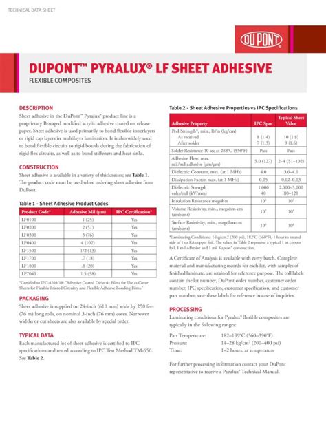 Pdf Dupont Pyralux Lf Sheet Adhesive Technical Data Sheet