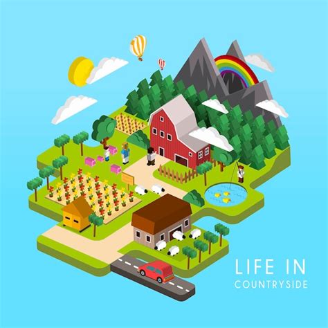 Premium Vector Flat 3d Isometric Life In Countryside Illustration