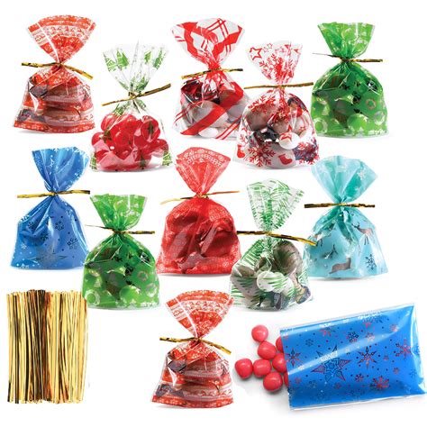 Amazon PREXTEX Christmas Themed Cellophane Bags With Gold Ties