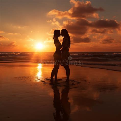 Lesbian Couple Stay On Beach At Sunset Stock Photo Image Of Relationship Holiday