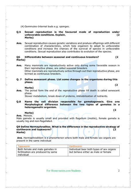 Important Questions For Class 12 Biology Chapter 1 Reproduction In