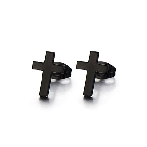 Paire Boucle D Oreille Homme Acier Noir Croix Latine Fermoir Papillon