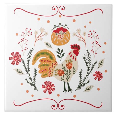 Rustic Folk Art Rooster Ceramic Tile Zazzle Folk Art Flowers