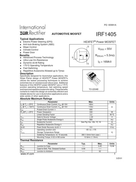 Irf1405 Datasheet | PDF | Field Effect Transistor | Mosfet