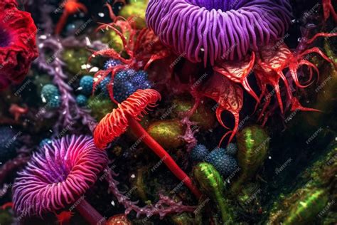 Premium Photo | A colorful display of colorful sea creatures is shown.