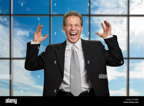 Boss Raised Hands In Excitement Excited Laughing Businessman Raised