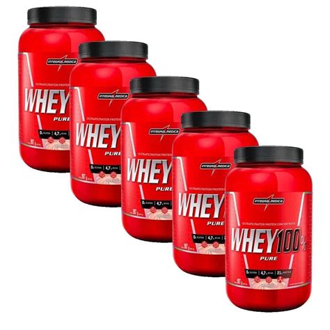 Kit 5 Super Whey 100 Pure 907g Morango Integralmédica Otimanutri