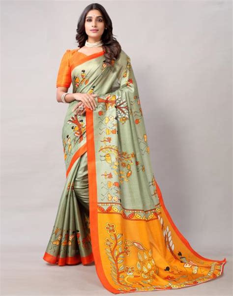 Buy Siril Women Khadi Silk Dark Mint Green Printed Saree Sarees For