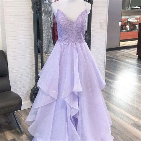 A Line V Neck Floor Length Tulle Prom Dress With Beading Backless Prom