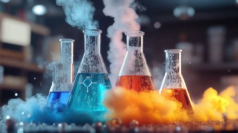 chemical reaction creating colorful smoke  bubbles  flasks stock