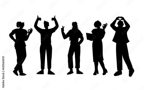 Vecteur Stock Black Silhouette Of Happy Cheerful People Showing Sign Ok