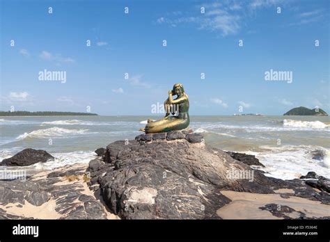 Golden mermaid statue on Samila beach, Songkhla ,Thailand Stock Photo ...