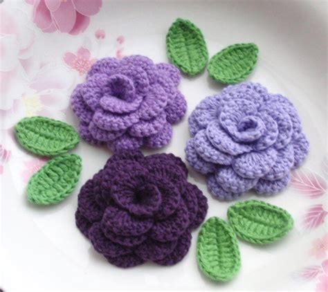 3 Crochet Flowers roses With Leaves YH 142-08 - Etsy