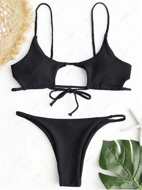 OFF ZAFUL Ribbed Braided Cut Out Bikini Set In BLACK ZAFUL