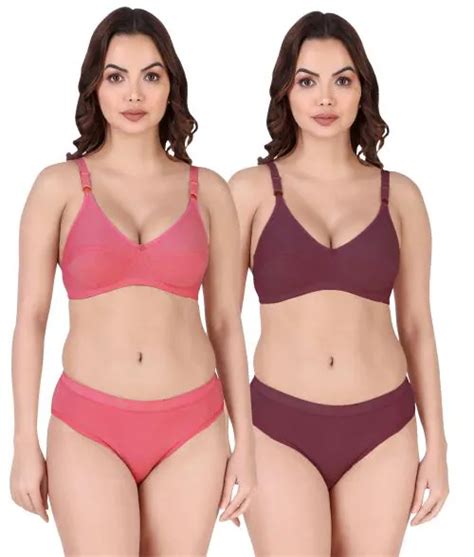Buy PIBU Women Cotton Bra Panty Set For Lingerie Set Pack Of 2 Color Red Maroon Online