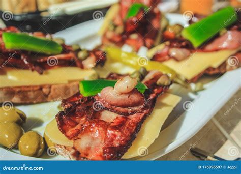 Traditional Spanish Tapas with Bacon and Cheese on Bread Stock Image - Image of food, buffet ...