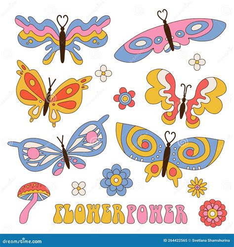 Butterfly Groovy Sticker 1970s Set Collection Of Vintage Hippie