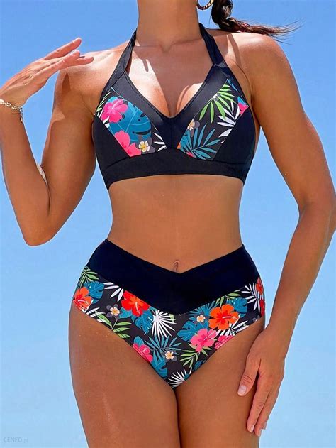 Shein Komplet Bikini Wzór Kwiaty Wiązanie Figi Wysoki Stan Kyg NF9 XL