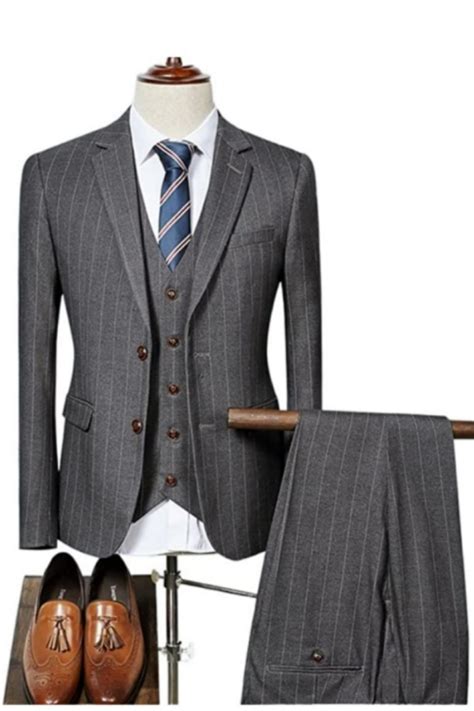 Atwood Formal Gray Striped Notched Lapel Three Pieces Business Suits