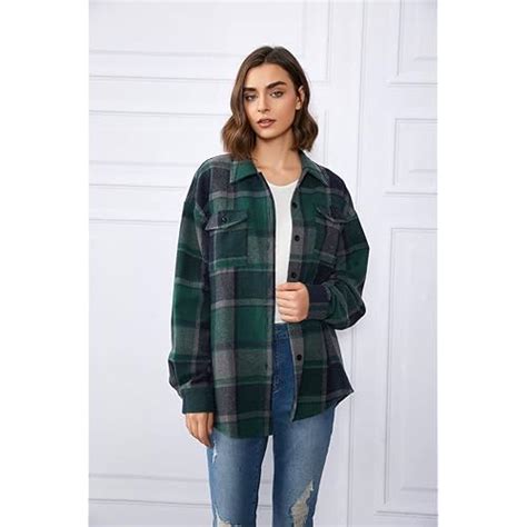 Womens Casual Plaid Shacket Wool Blend Button Down Long