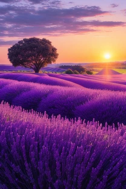 Premium AI Image | Sunset over lavender fields in Provence France