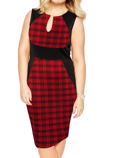 Praslin Praslin Red Check Print Curvy Contrast Panel Illusion Pencil Dress Plus Size 1