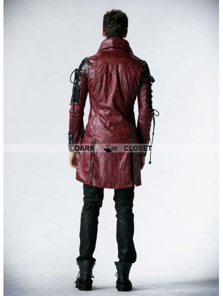 Punk Rave Red And Black Long Sleeves Leather Gothic Trench Coat For Men