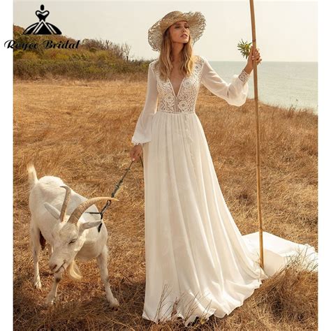 Bohemian Boho Wedding Dress V Neck Long Puff Sleeve Backless Lace Bodice Chiffon A Line Beach