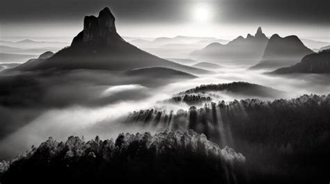 Premium AI Image | a black and white photo of a mountain range with fog ...