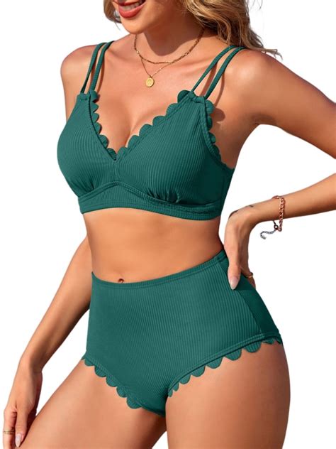 Bikini Sets For Women Scalloped Trim Swimsuits High Waisted Tummy Control Two Piece Bathing