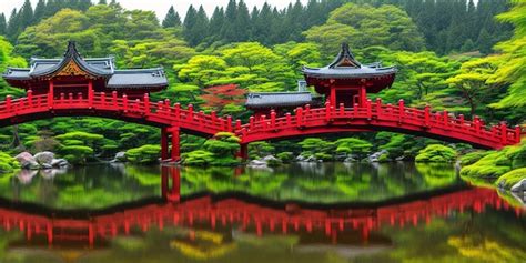 Un Puente Sobre Un Estanque Con Un Edificio Rojo Al Fondo Foto Premium