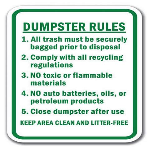 SignMission 12 X 18 In Dumpster Rules 1 All Trash Must Be Securely