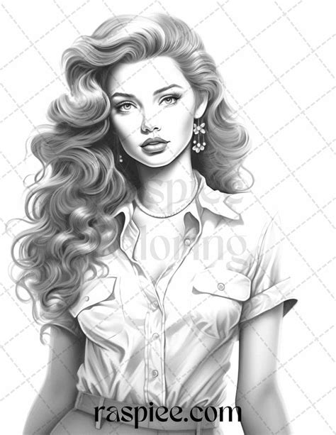 50 Vintage Pin Up Girls Grayscale Coloring Pages Printable For Adults Grayscale Coloring