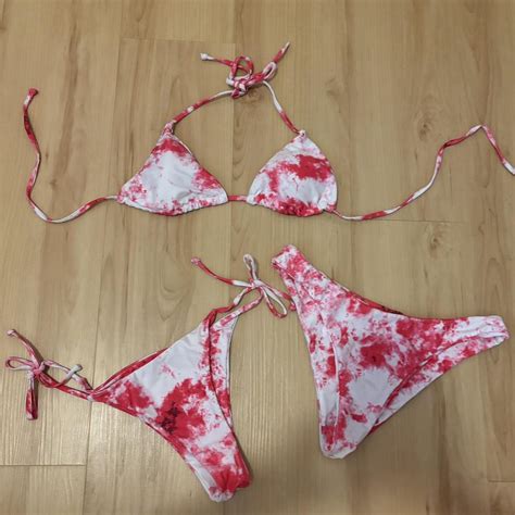 Bright Pink White Tie Dye Piece Bikini Set Padded Depop