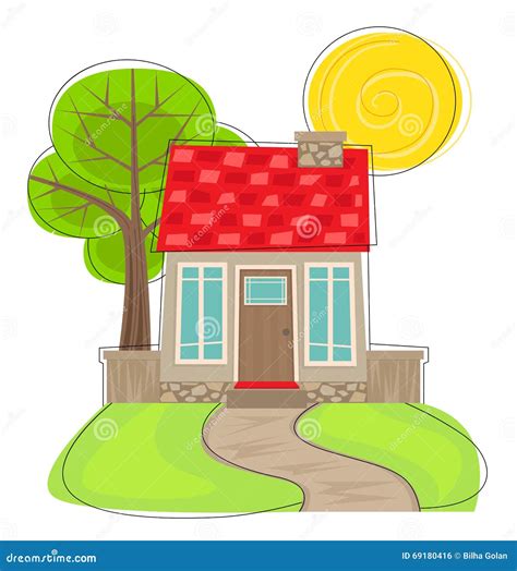 Cute House with Tree stock vector. Illustration of cartoon - 69180416