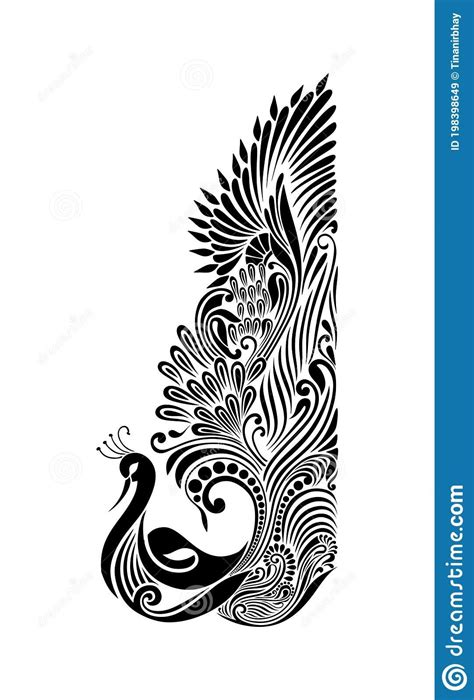 Peacock And Feather Design Black Doodle Print Stock Vector Illustration