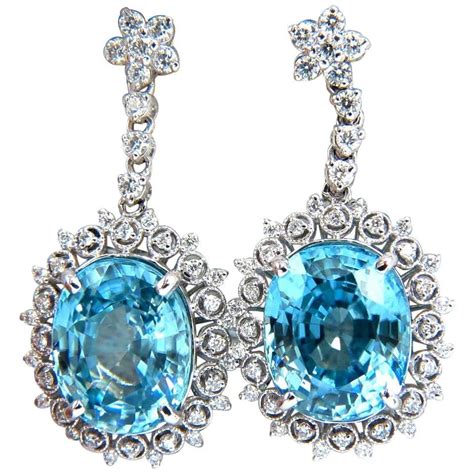 Natural Blue Zircon Diamond Gold Earrings At 1stdibs