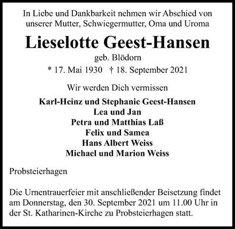 Traueranzeigen Von Lieselotte Geest Hansen Trauer Anzeigen De