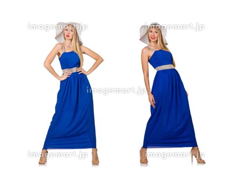 Beautiful Woman In Long Blue Dress Isolated On White