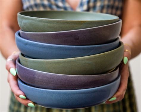 Ceramic Pasta Bowls In Sea Mist Glaze Stoneware Pottery Teal Blue