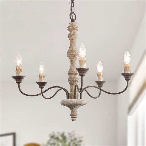 LNC Wood Candle Chandelier 5-Light Weathered White Dining Room Chandelier Bronze Rustic ...