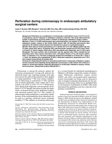 Pdf Perforation During Colonoscopy In Endoscopic Ambulatory Surgical Centers Terry Box