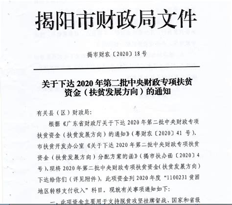 关于下达2020年第二批中央财政专项扶贫资金（扶贫发展方向）的通知（揭市财农〔2020〕18号） 扶贫资金项目信息