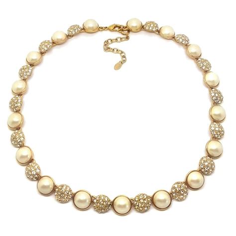 Vintage Monet Gold Plated White Diamante Pearl Necklace QB Vintage