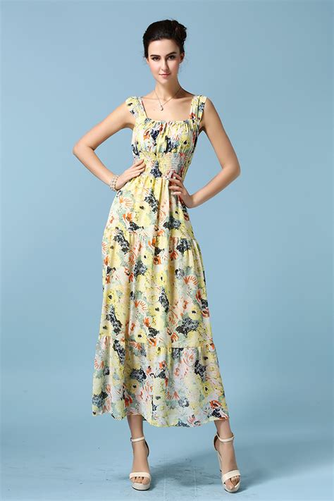 Elegant Women Casual Maxi Dress Floral Printing Sleeve Yellow Chiffon Dress