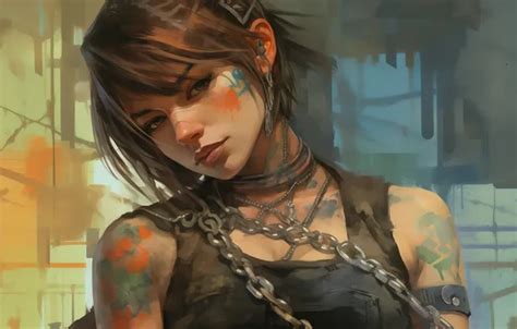 Обои tattoo women brunette chains illustration looking at viewer AI art Art Nouveau на