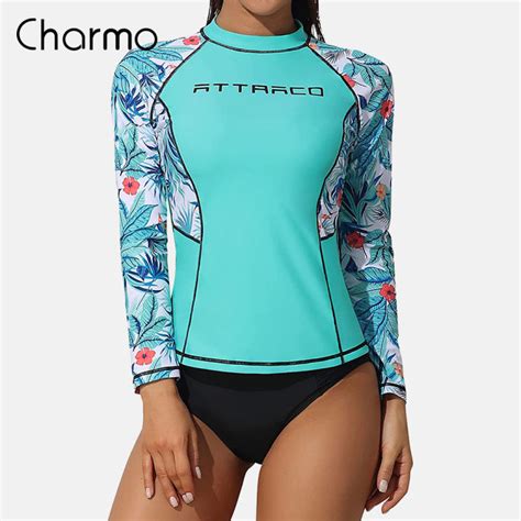 Charmo Women Long Sleeve Rash Guard Shirts Swimwear Rash Guard Top Surf